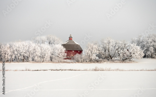 An old red bard surrounded by frost covered tress in a winter landscape