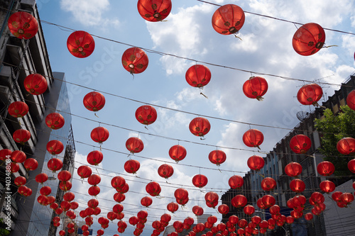 The street decorated with Chinese paper lanterns to celebrate Chinese New Year festival