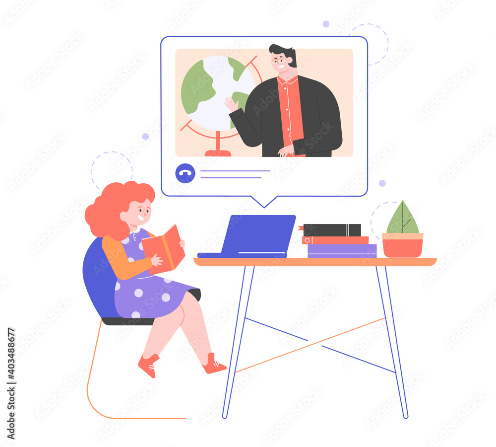 School-age girl at distance learning. Home schooling. The child listens to the teacher's lecture via video. Online lesson from laptop. Vector flat illustration. School-age girl at distance learning. Home schooling. The child listens to the teacher's lecture via video. Online lesson from laptop. Vector flat illustration.