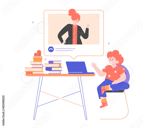 School-age boy at distance learning. Home schooling. The child listens to the teacher's lecture via video. Online lesson from laptop. Vector flat illustration.