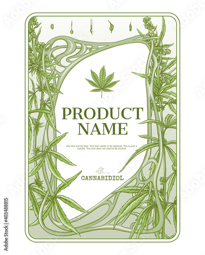 Cannabis Template for product label, cosmetic packaging. Easy to edit. In art nouveau style, vintage, old, retro style. Isolated on white background..