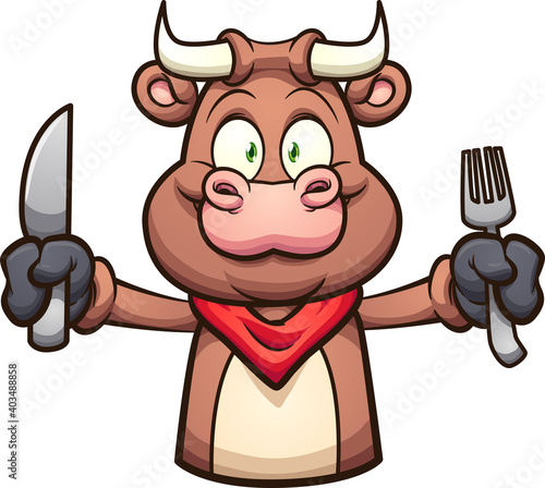 Cartoon  bull with extended arms holding a knife and a fork. Vector clip art illustration with simple gradients. All on a single layer.