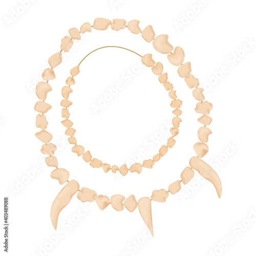 Stone age necklace from bones or teths, detailed in cartoon style isolated on white background stock vector illustration. Caveman jewelry, sharpen primitive tusk.