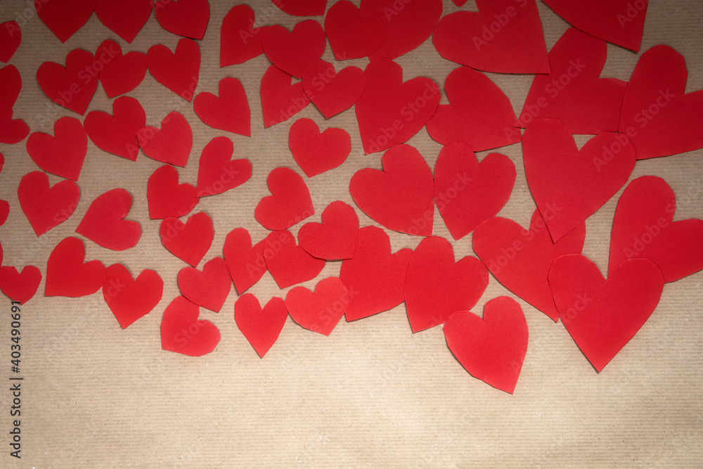 Various romantic red hearts, symbol for Valentine's day, with paper plain background, romantic Valentine design. copy space Various romantic red hearts, symbol for Valentine's day, with paper plain background, romantic Valentine design. copy space
