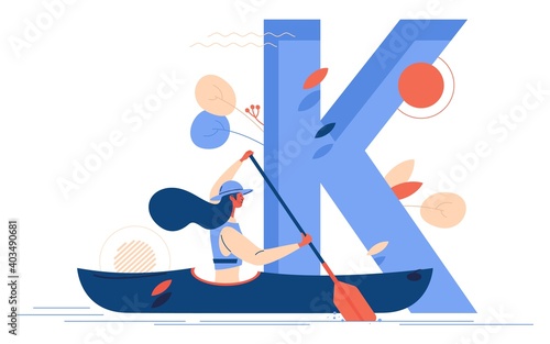 Kayaking concept illustration with woman in kayak and large letter K on background. Vector scene good for water sport school and club isolated on white