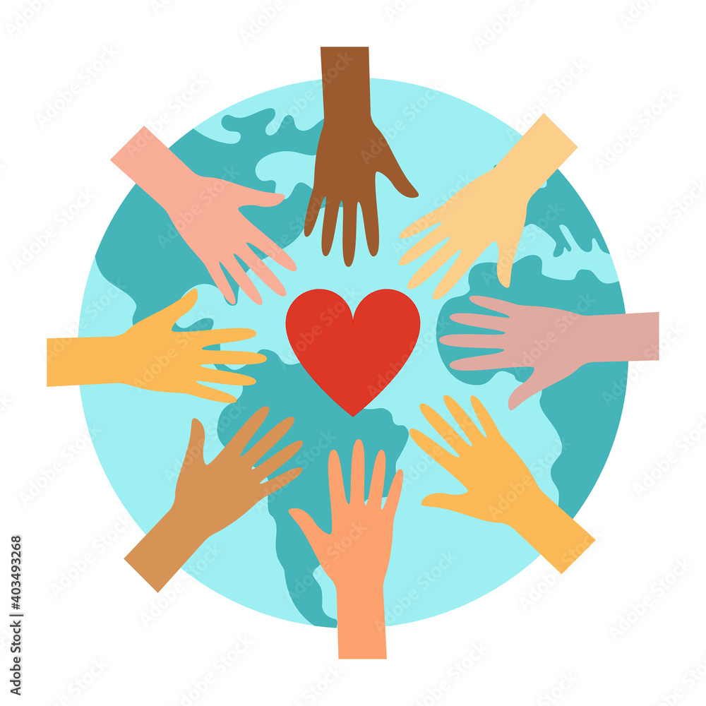 Obraz premium Planet Earth, hands and heart - a symbol of peace and unity of communities. vector illustration