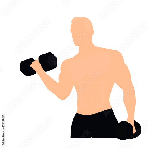 Man with dumbbells vector stock illustration. The muscular body is engaged in sports. Workout. Isolated on a white background.