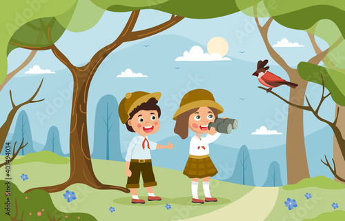 A young brother and sister explore a forest looking at the birds wth binoculars during summer vacation, colored cartoon vector illustration