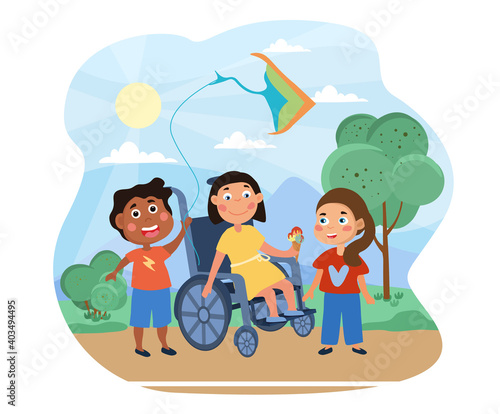 Young girl in a wheelchair playing with multiracial friends outdoors in a park as they fly a kite together, flat cartoon colored vector illustration
