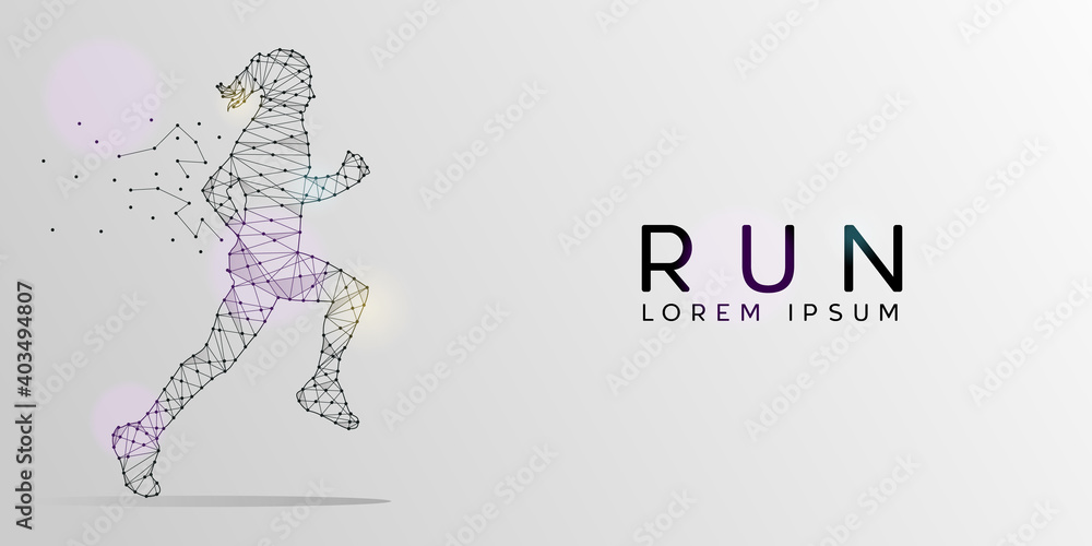 Fototapeta premium Particles geometric line art and dot of running woman design background