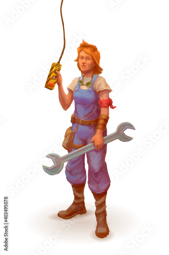 Cartoon engineer, female mechanic character on white
