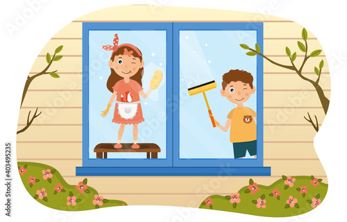 Two young kids friends or brother and sister washing windows. Helping to clean the window at home. Kids doing housework chores at home concept. Flat cartoon vector illustration