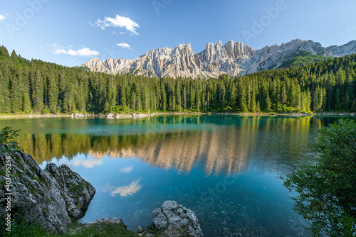 Fantastic mountain lake in the Dolomites, Karersee, South Tyrol