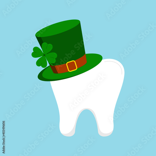 St Patrick day tooth in green leprechaun hat with clover. Dental molar tooth irish character with gnome cylinder hat. Flat design cartoon style dentist celebration vector illustration.