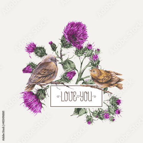 Vector watercolor bird on a branch with thistle greeting card.