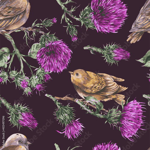 Vector seamless pattern with watercolor bird on a branch. Thistle natural wallpaper.