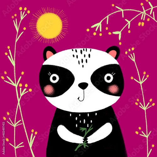 Cute adorable panda bear baby with a bamboo stick and flowers. Sin is shining, flowers blooming, smiling animal print for card, birthday, design illustration.