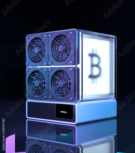 Bitcoin Cryptocurrency Mining Rig, 3D Rendering photo