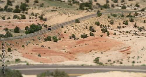 High point of view of a deserty Utah landscape and roads, shot as miniature effect with a tilt shift lens photo