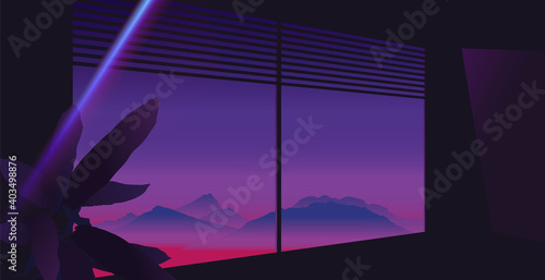 Aesthetic louver window mountain view with tropical plant, neon purple and pink sky, dark room ambient with glow light leak flare, 80s summer vibe