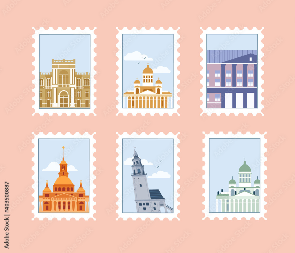 Cute set of postage stamps. Six stamps depicting buildings and structures. The stamps are drawn in flat style.