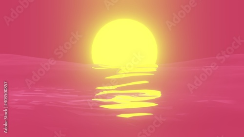 Red ocean with setting sun 3d abstract illustration. Bright yellow glow of planet disk plunging into sea waves with path light.