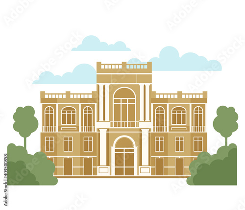  A beautiful building surrounded by trees. The building of the theater, country estate. High quality illustration drawn in flat style