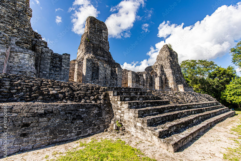 Beautiful Mayan temple with three pyramids in one building in Xpujil, Mexico