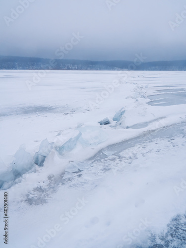 Frozen surface of the Voronezh reservoir in winter