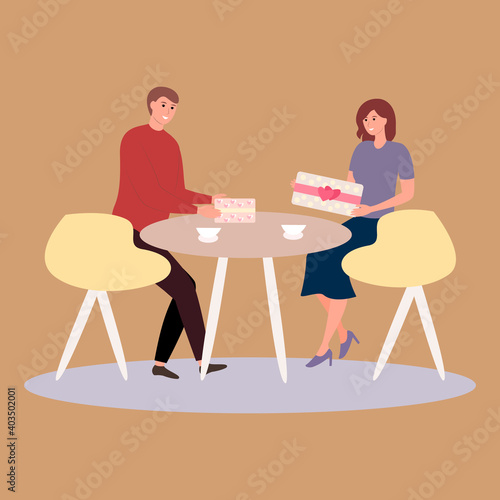  Handsome man and woman are sitting at a table in a cafe and exchanging gifts. Vector illustration in flat style for Valentine's Day. A young couple is drinking tea in a cafe and holding boxes 