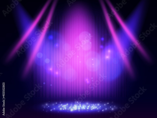Background with blue curtain and spotlights. Design for presentation, concert, show