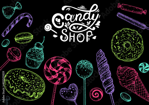 Set of sweets. Hand drawn vector illustration. Candies set. Vector illustration in neon style. Sketch illustration.