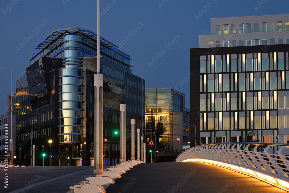 Empty bridge road towards public buildings at evening time Empty bridge road towards public buildings at evening time