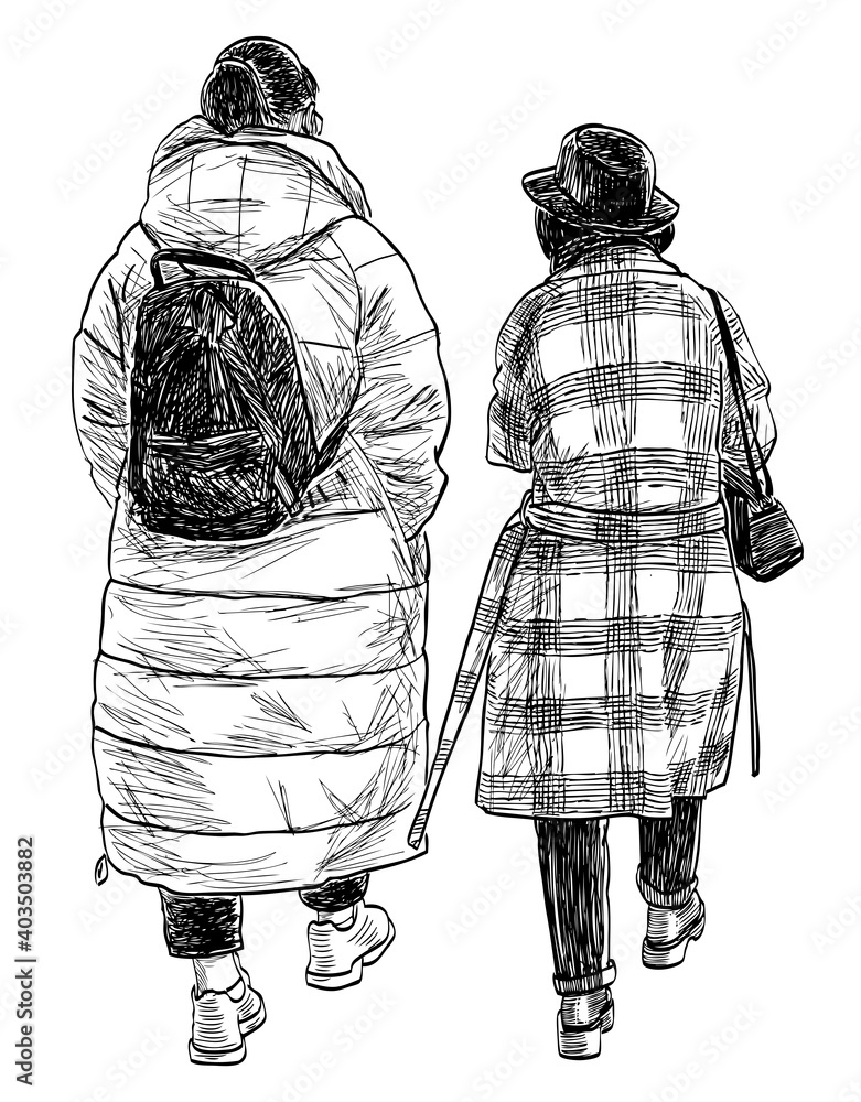 Freehand drawing of two townswomen walking outdoors Freehand drawing of two townswomen walking outdoors