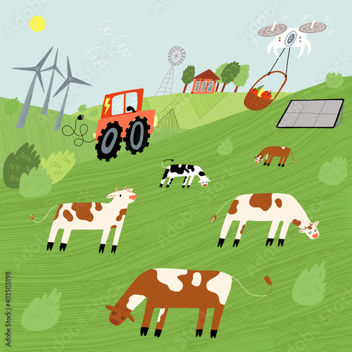 Ecological food development concept. Fields with cows, windmills, electrical combine, solar panels, quadcopter delivery.