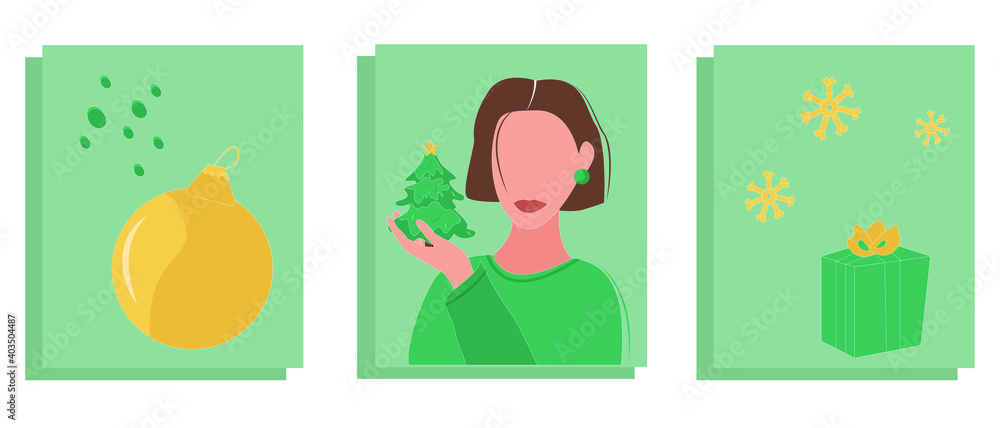 Flat Portrait of Woman in Winter Holiday.Christmas Tree.Abstract Contemporary Art Flat Style.Flat Vector Illustration for Decor,Interior,Wallpaper, Print, Card,Wall and Clothing.