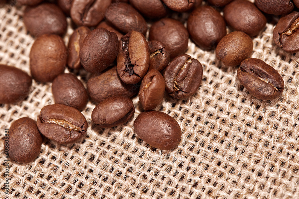 Fototapeta premium Close-up of roasted coffee beans on Hessian burlap with a copy of the space for your text.