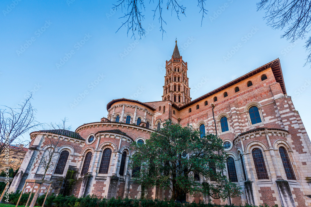 Rear of the Saint Sernin Basilica in winter in Toulouse in Haute-Garonne, Occitanie, France