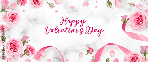 Valentines Day background with rose petals and rose buds. Rose flowers with pink ribbon on marble background. 3d realistic vector. Holiday poster, flyer, banner.