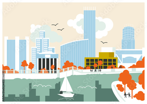 A large city embankment with tall buildings, people and a yacht. Vector picture is drawn in flat style.