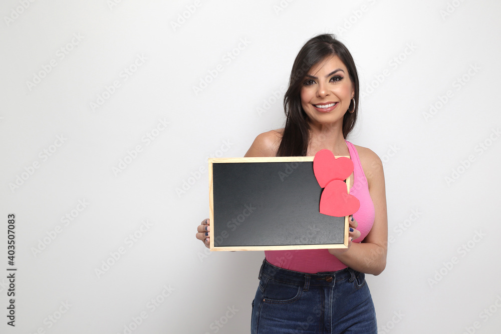 beautiful girl holding valentine's gift on white background beautiful girl holding valentine's gift on white background