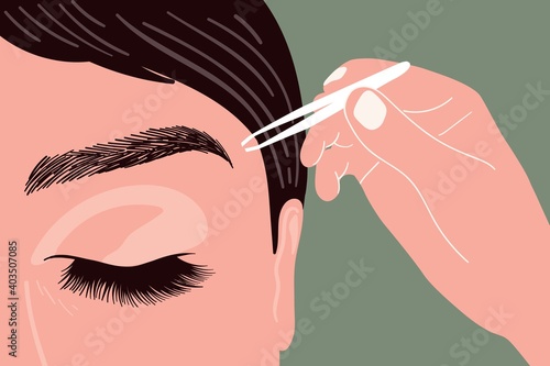 Make-up artist plucks eyebrows with tweezers. Beauty salon and professional makeup and cosmetology skin care.
