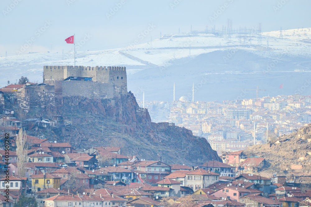 Ankara Castle and cityscape on a hazy winter day - Ankara, Turkey