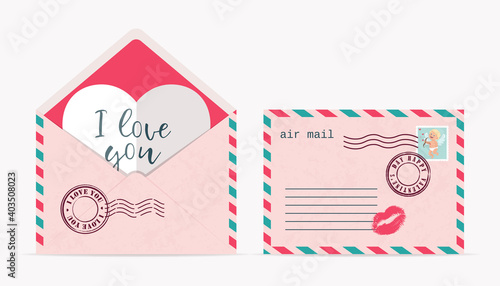 Love envelope with seals, stamps, open with Valentine’s card and closed. Cute vector illustration