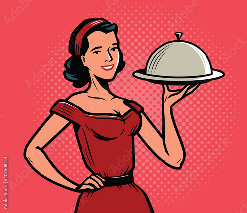 Beautiful girl waitress with a tray. Food concept in retro pop art style