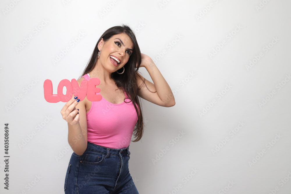 beautiful girl holding valentine's gift on white background beautiful girl holding valentine's gift on white background