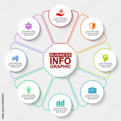 Infographic vector colorful template for presentation, pie chart, diagram, graph, business concept with 8 options
