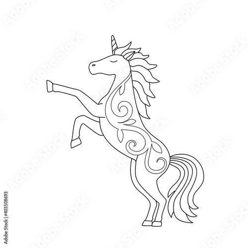 Outline of a beautiful unicorn with an ornament. Cute horse coloring book for kids, sketch, black lines on white. Vector illustration.