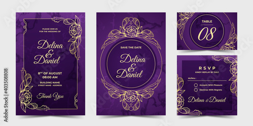 Golden Flowers Invitation on the Violet Background
