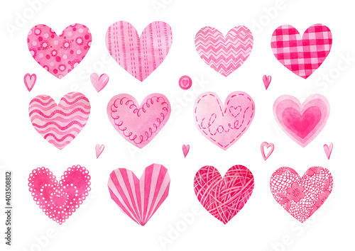 Valentines day decorations. Watercolor hand drawn pink hearts set. Can be used as print  postcard  stickers  labels greeting cards  invitations  textile  packaging  wrapping  tattoo.